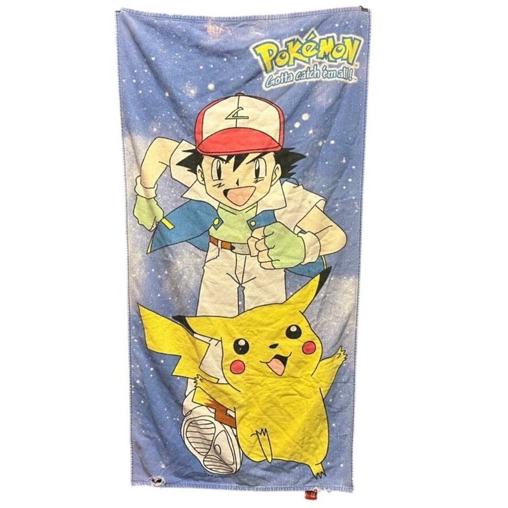 Vintage 2000 Nintendo Pokemon Ash Ketchum Pikachu Beach Towel Blue 26x53 Fair